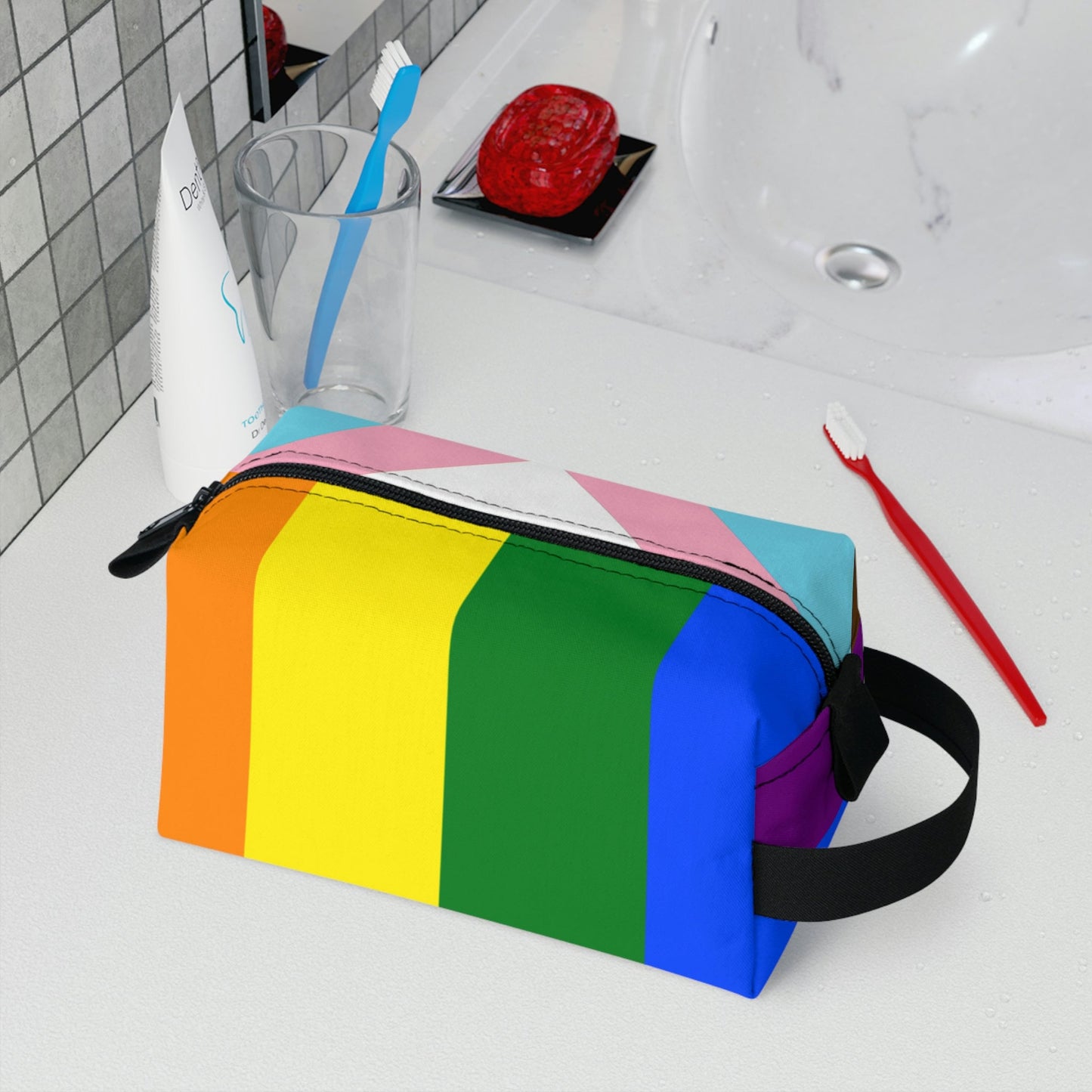Progress Pride Rainbow Flag LGBTQ+ Vegan Toiletry Bag