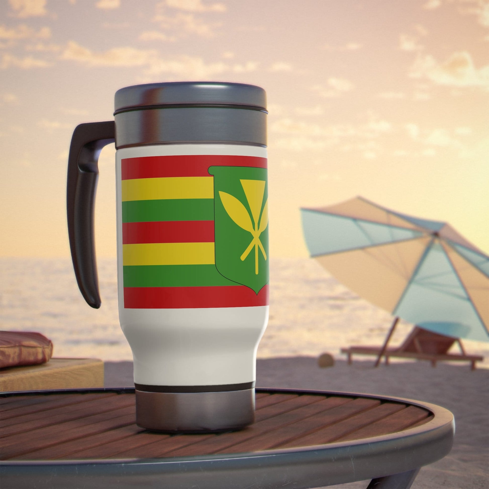 Kanaka Maoli Hawaii Flag Stainless Steel Travel Mug with Handle, 14oz