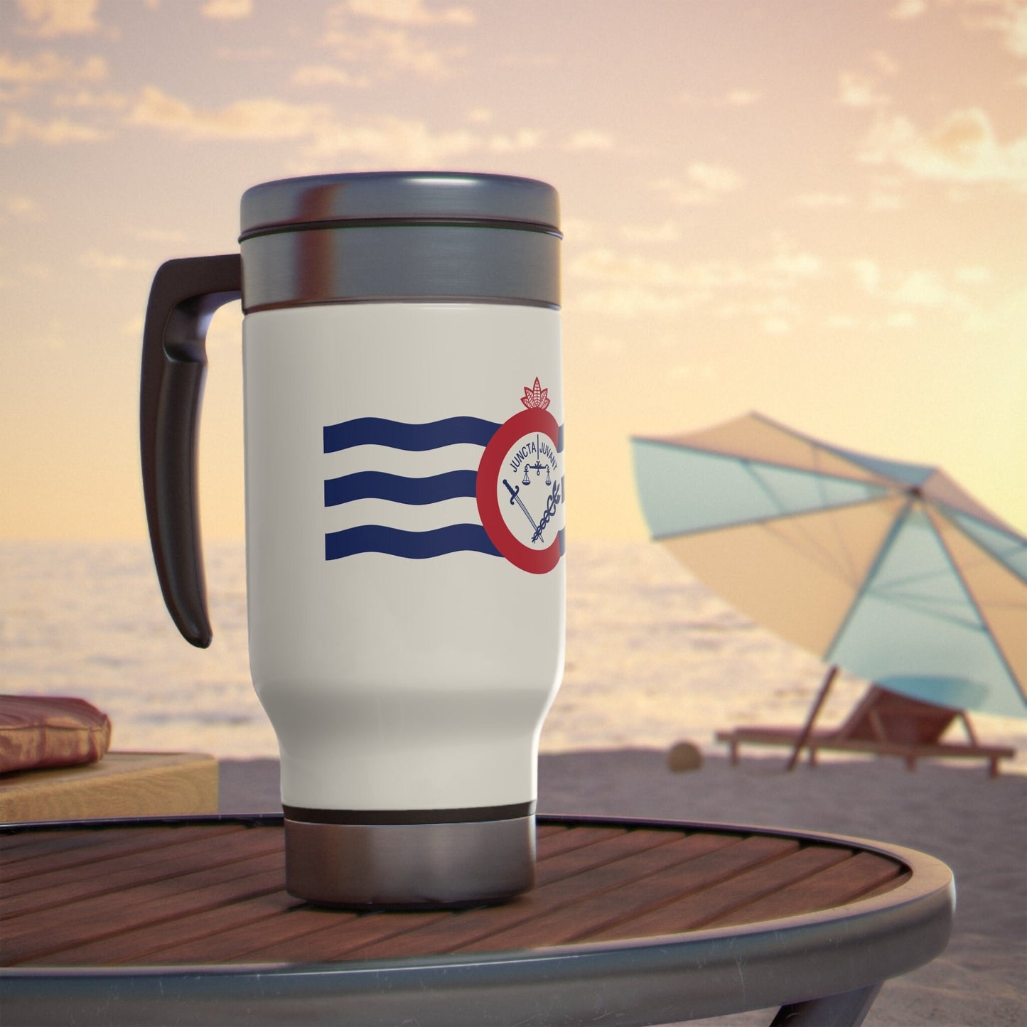 Cincinnati Flag Stainless Steel Travel Mug with Handle, 14oz