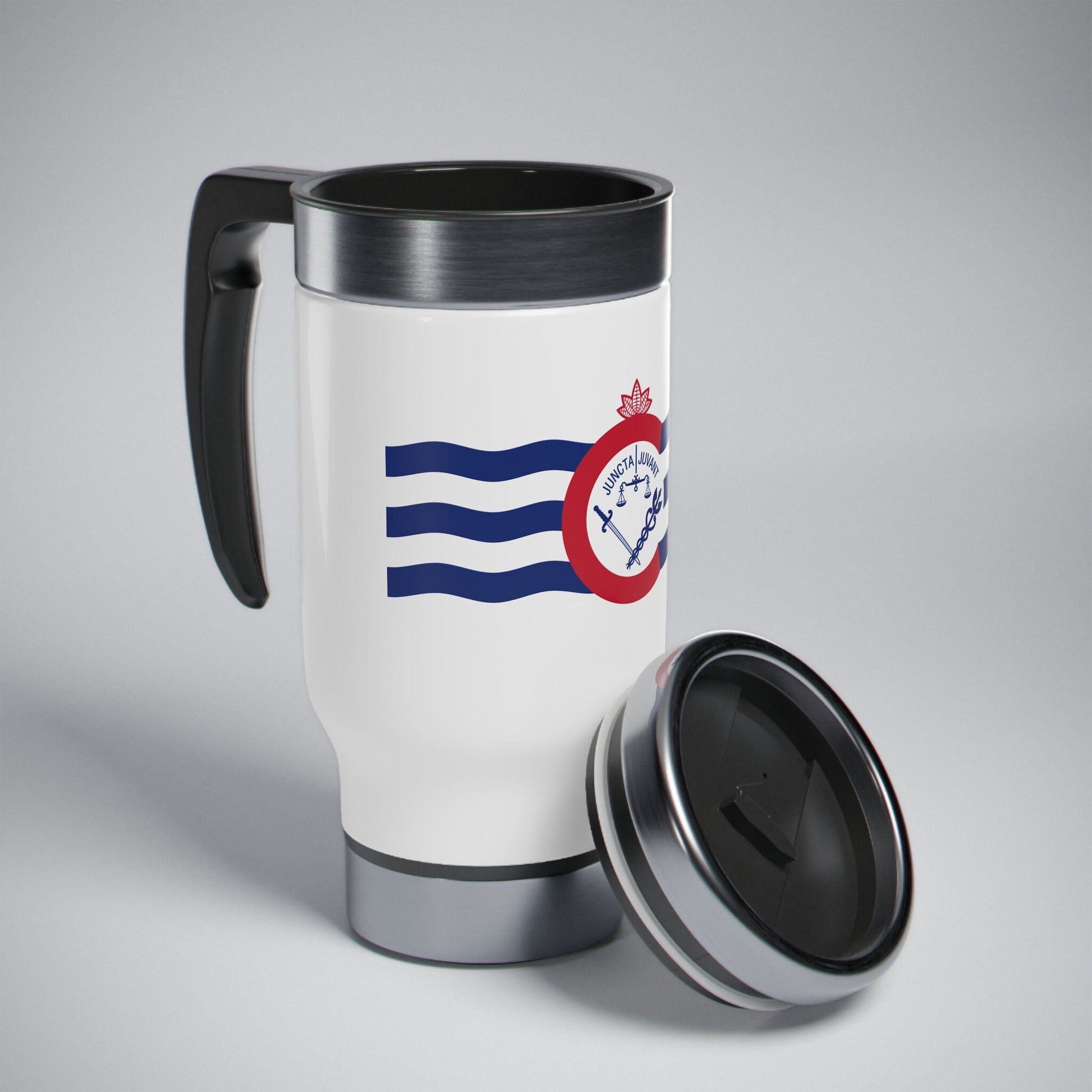 Cincinnati Flag Stainless Steel Travel Mug with Handle, 14oz